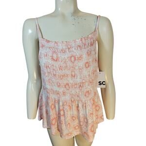 NEW SO 90s Cami Slip Top Peach Floral Print Ruffle Smocked Junior's Size 2XL